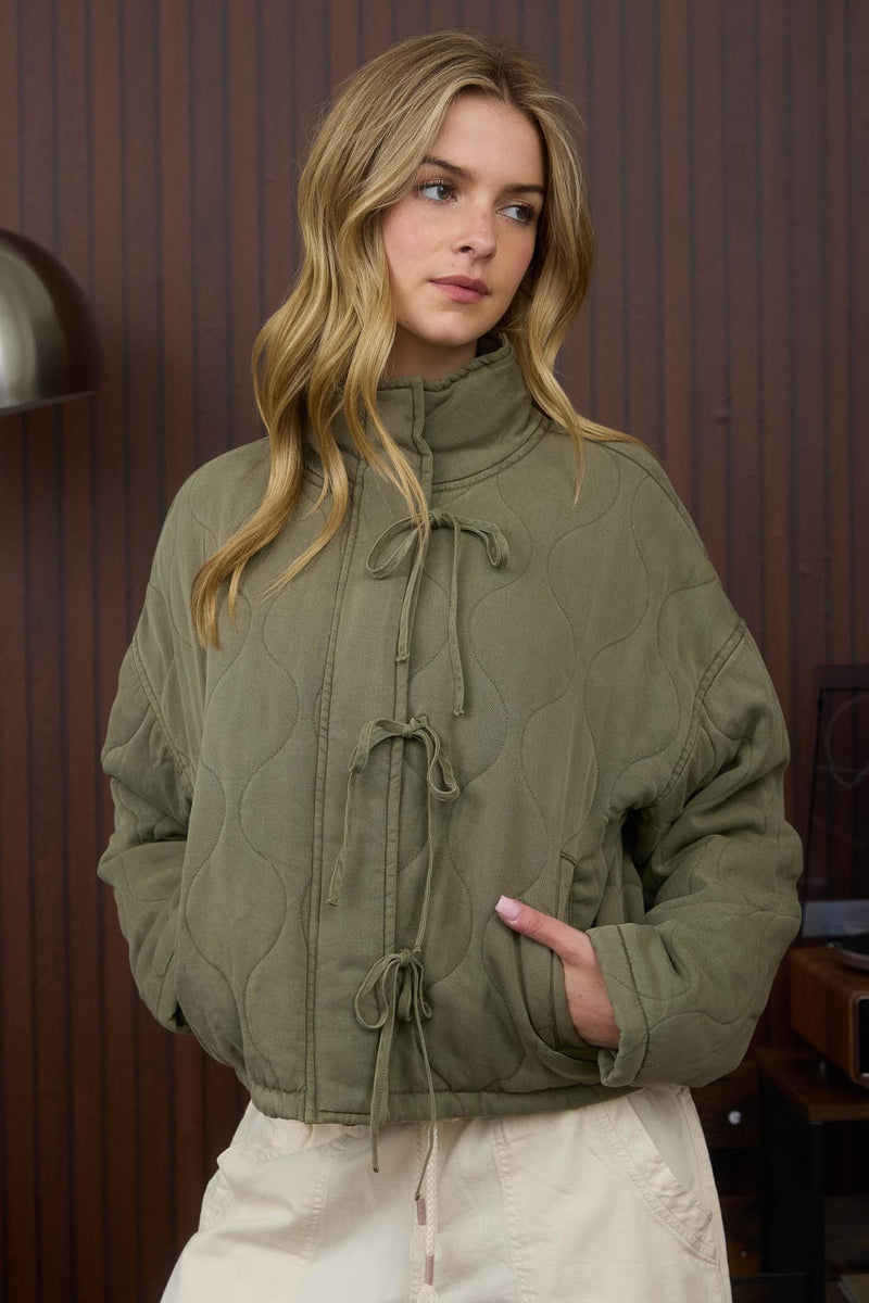 Olive Washed Quilted Front Tie Puffer Jacket