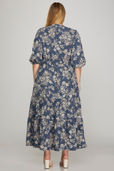 Curvy Dusty Blue Floral V-Neck Dress
