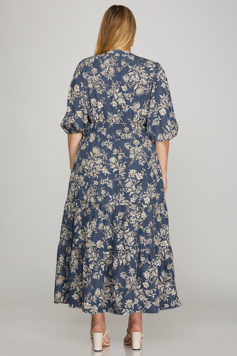 Curvy Dusty Blue Floral V-Neck Dress