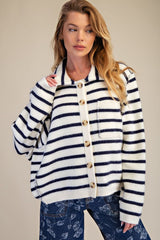 Blue Striped Long Sleeve Button Down Knit Sweater