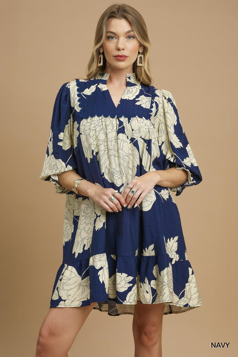 Navy Floral Tiered Babydoll Dress