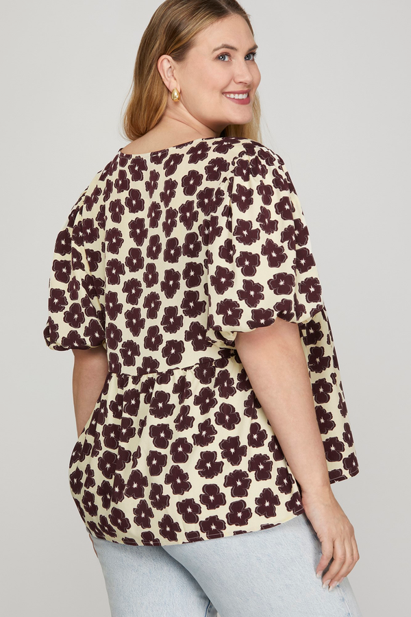 Curvy Floral Cream & Plum Flowy Top With Tie
