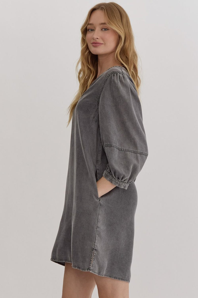 Denim Charcoal 3/4 Balloon Sleeve Dress