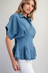 Denim Pleated Button Down Top