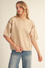 Oatmeal Drop Sleeve Whipstitch Trim  Sweater