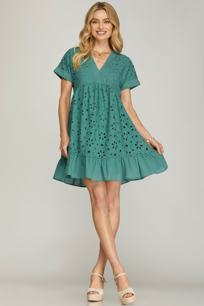 Sea Green Eyelet Ruffle Hem Dress