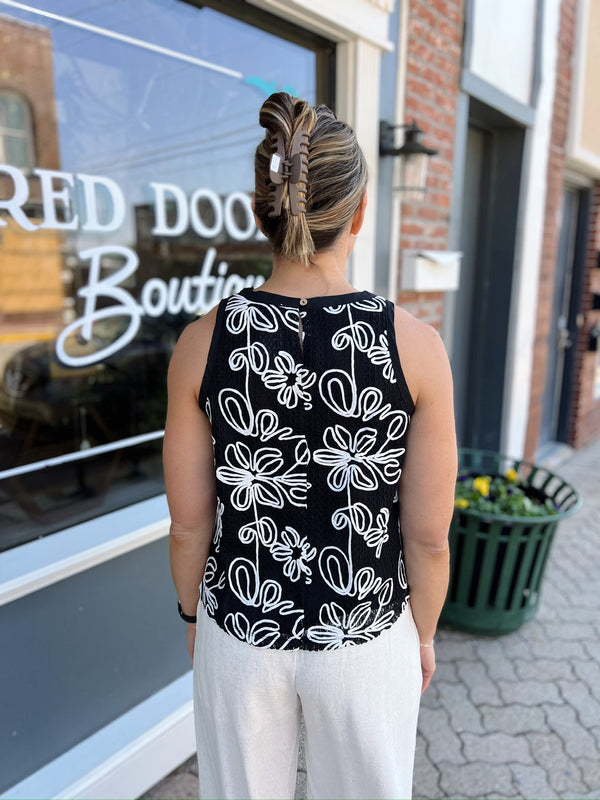 Black Floral Embroidered Lace Crew Neck Sleeveless