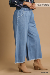 Curvy Light Denim Frayed Wide Leg Pant