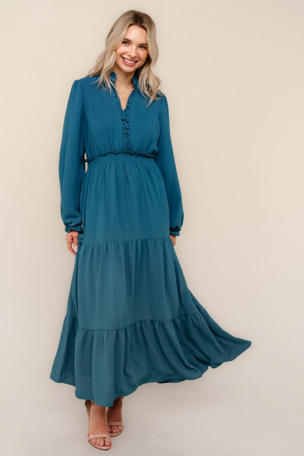 Curvy Frilled Smocked Waist Long Sleeve Midi Dress