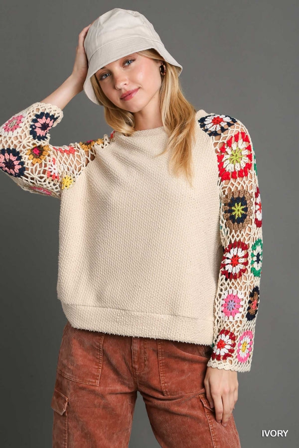 Cream Crocheted Sleeve Sweater