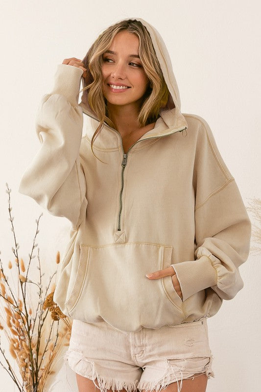 Elastic Hem Half Zip Hoodie