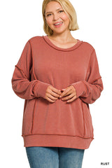 Curvy Raised Rib Long Sleeve Round Neck Pullover