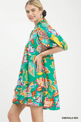 Emerald Paisley Print V Neck Dress