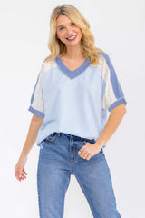 Blue Lace and Ribbed Detail Top