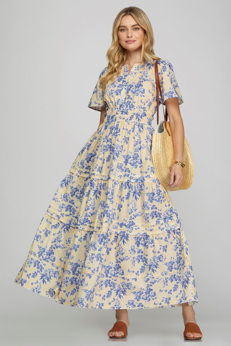 Cream and Blue Floral Printed Maxi Dress with Half Sleeves