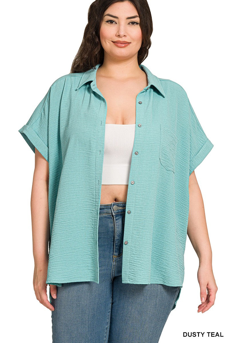 Curvy Hi-Low Button Down Shirt with Side Slit