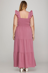 Curvy Square Neck Ruffled Sleeve Tiered Maxi Dress