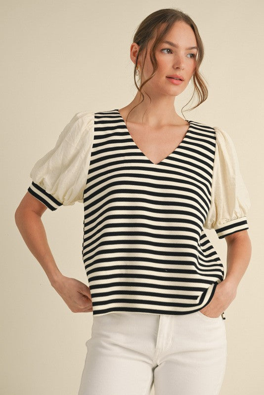 Curvy Black and White Stripe Puff Sleeve Top