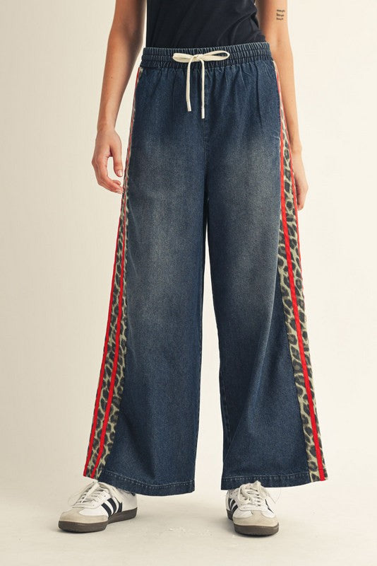 Leopard Red Trim Drawstring Waist Jeans