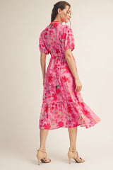 Pink Floral V-Neck Elastic Waist Midi Dress
