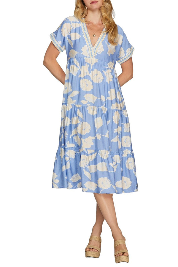 Light Blue Drop Shoulder Tiered Midi Dress with Lace Details