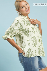 Curvy Green Paisley Print V Neck Top