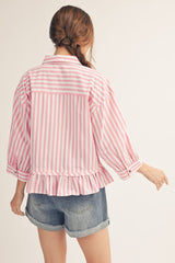 Pink and White Stripe 3/4 Sleeve Pleated Ruffle Hem Top