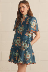 Teal Floral Print Scalloped Trim Dress