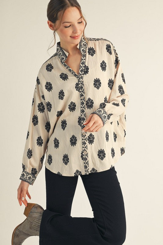 Cream Patterned Button Down Print Top