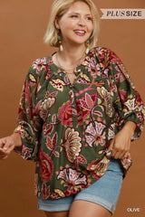Curvy Olive Paisley Print Split Neck Top