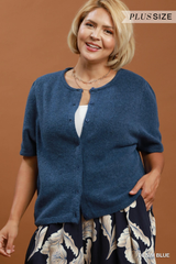 Curvy Blue Short Sleeve Button Front Sweater