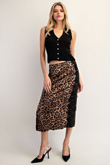Leopard Lace Trim Midi Skirt
