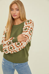 Olive Crocheted Sleeve Sweater