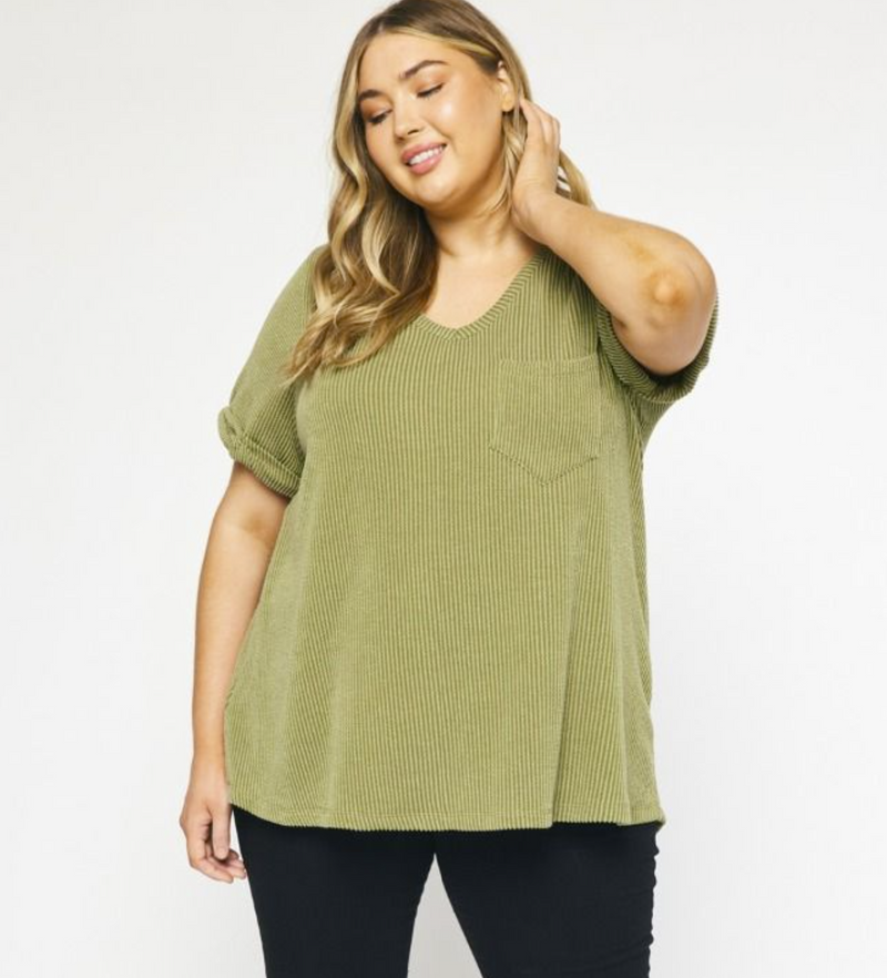 Curvy Olive V-Neck Textured Top