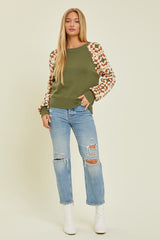 Olive Crocheted Sleeve Sweater