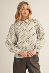Ivory Ruffle Detail Button Down Polka Dot Top