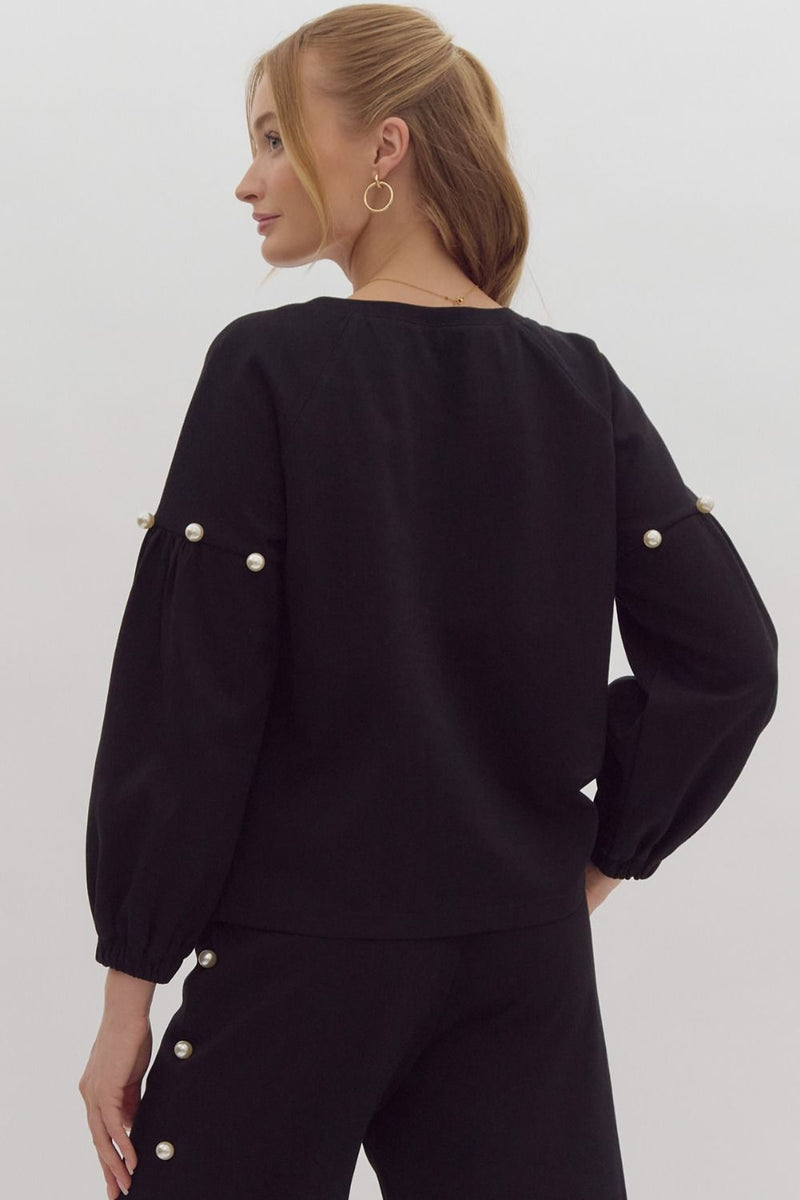 Pearl Embellished Drop Shoulder Crewneck Top