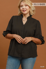 Curvy Olive Plaid Ruffle Neck Button Down Top