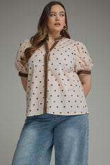Curvy Cream with Brown Polka Dot Button Down Top
