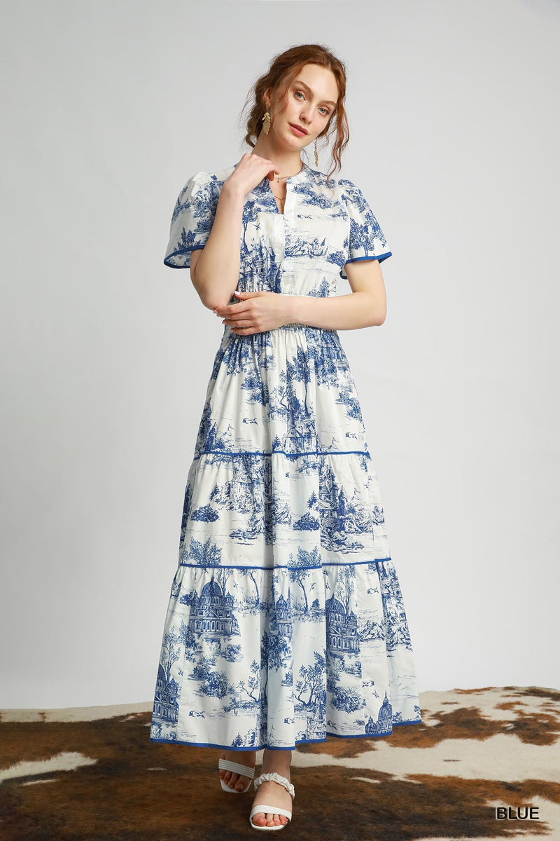 Blue & White Print Scrunch Waist Tiered Maxi