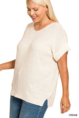 Curvy Short Sleeve Sweater With Center Seam