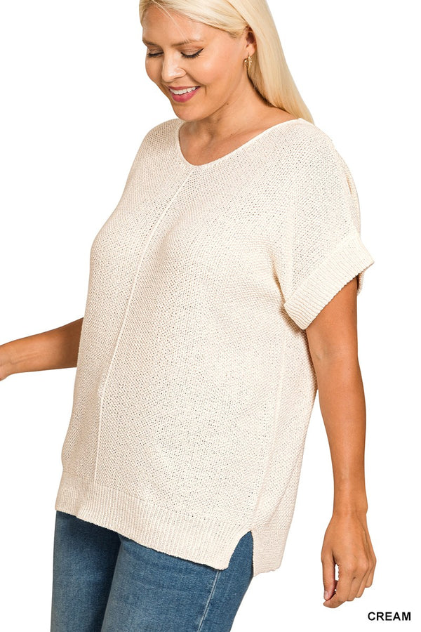 Curvy Short Sleeve Sweater With Center Seam