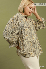 Curvy Taupe Floral Print Button Down Lace Trim Top