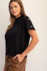 Black Mock Neck Button Detail Short Sleeve Sweater