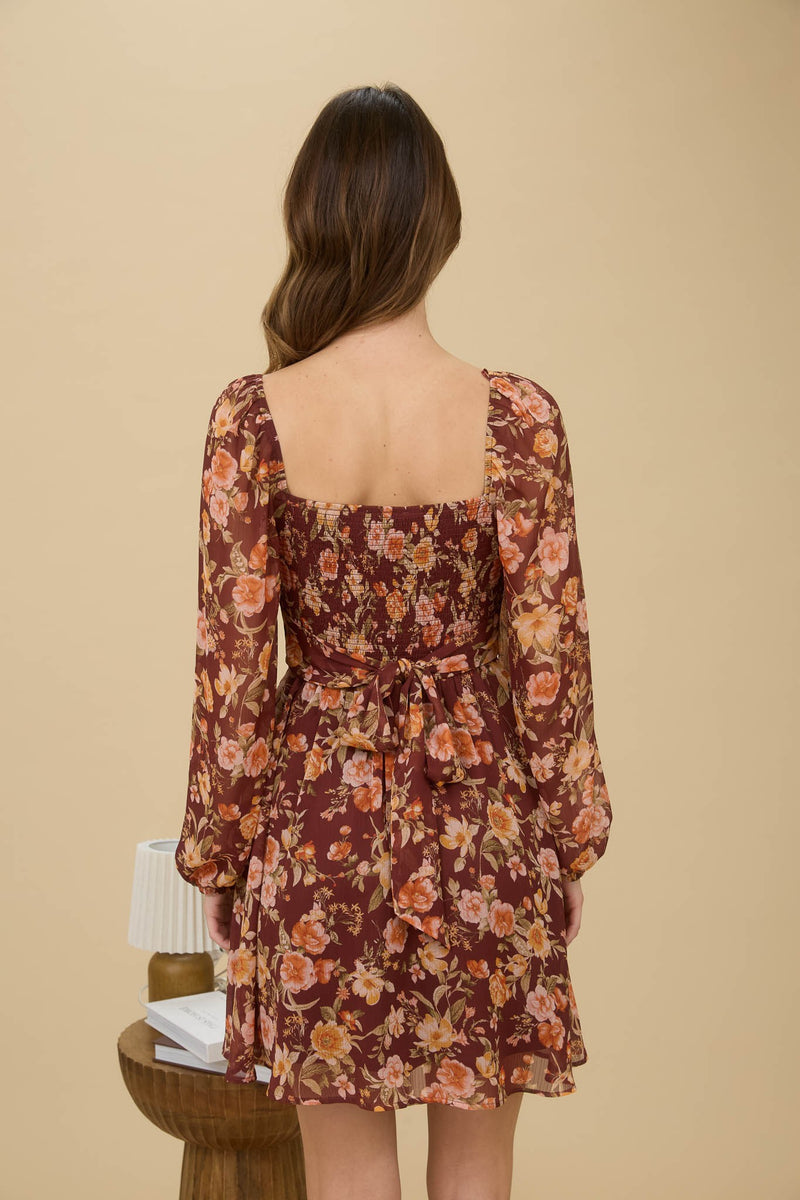 Burgundy Floral Sweetheart Back Tie Mini Dress