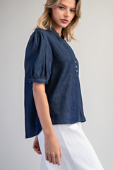 Dark Denim Ruffled Split V-Neck Top