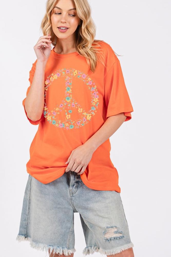 Orange Floral Peace Sign  Tee