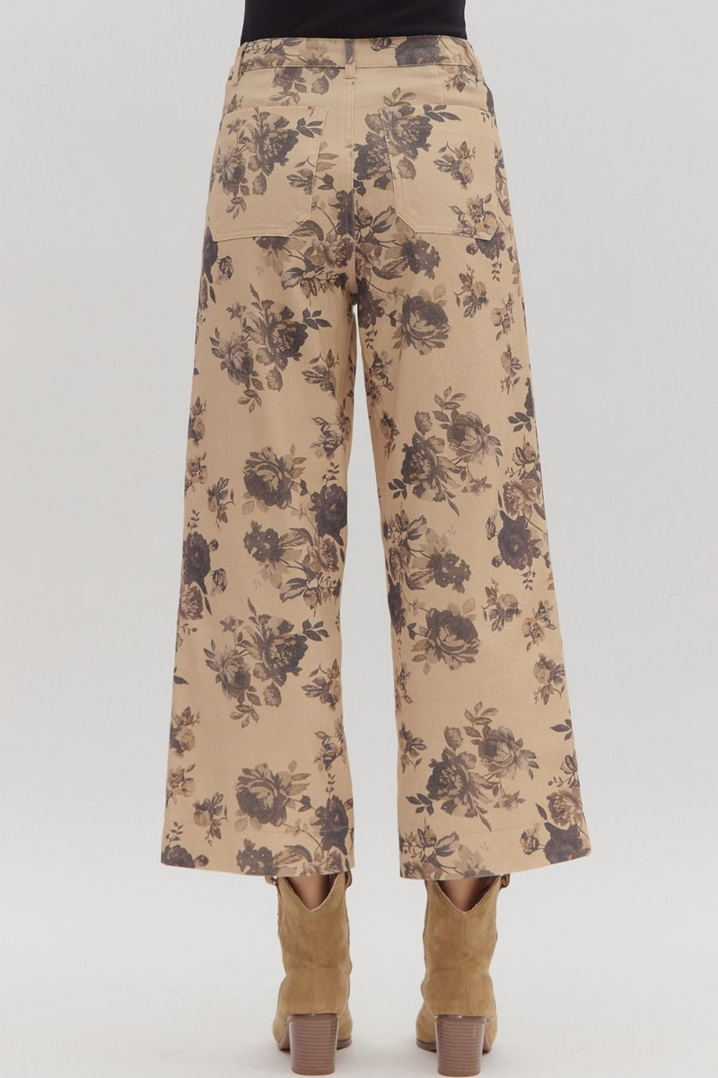 Taupe Dark Floral Pants With Pockets