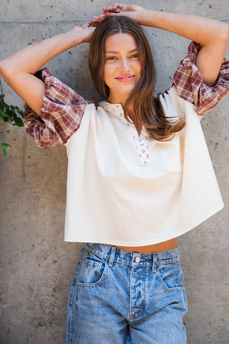Cream and Berry Plaid Puff Sleeve Top