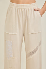 Beige Patchwork and Floral Applique Pants